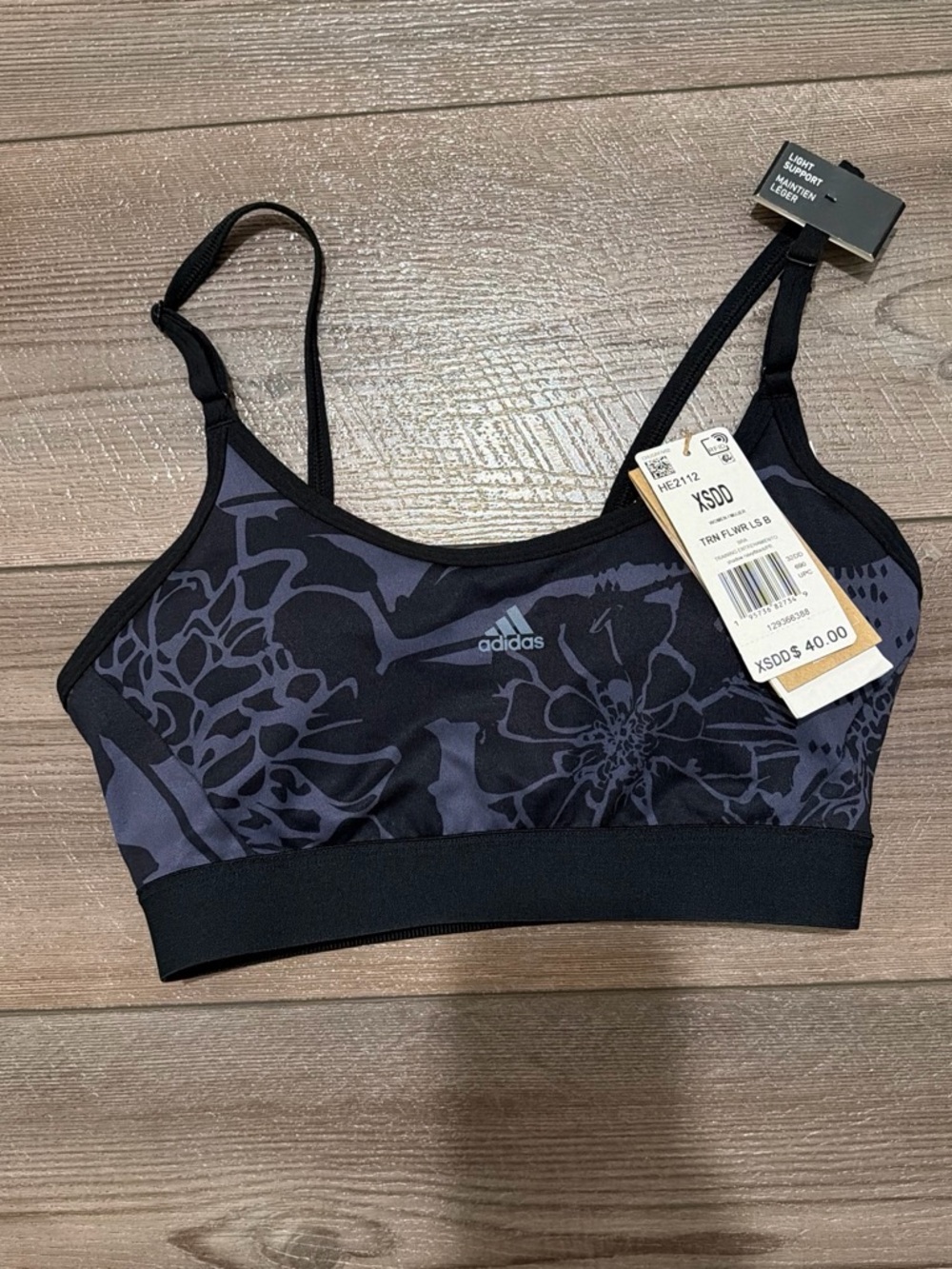 adidas Black and Dark Gray Floral Light-Support Sports Bra